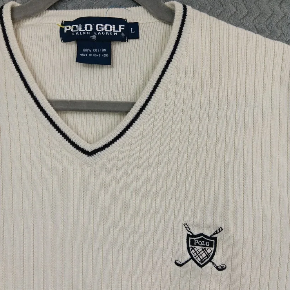 POLO GOLF RALPH LAUREN Men's Ribbed Knit Sweater Vest Large Cream Old Money